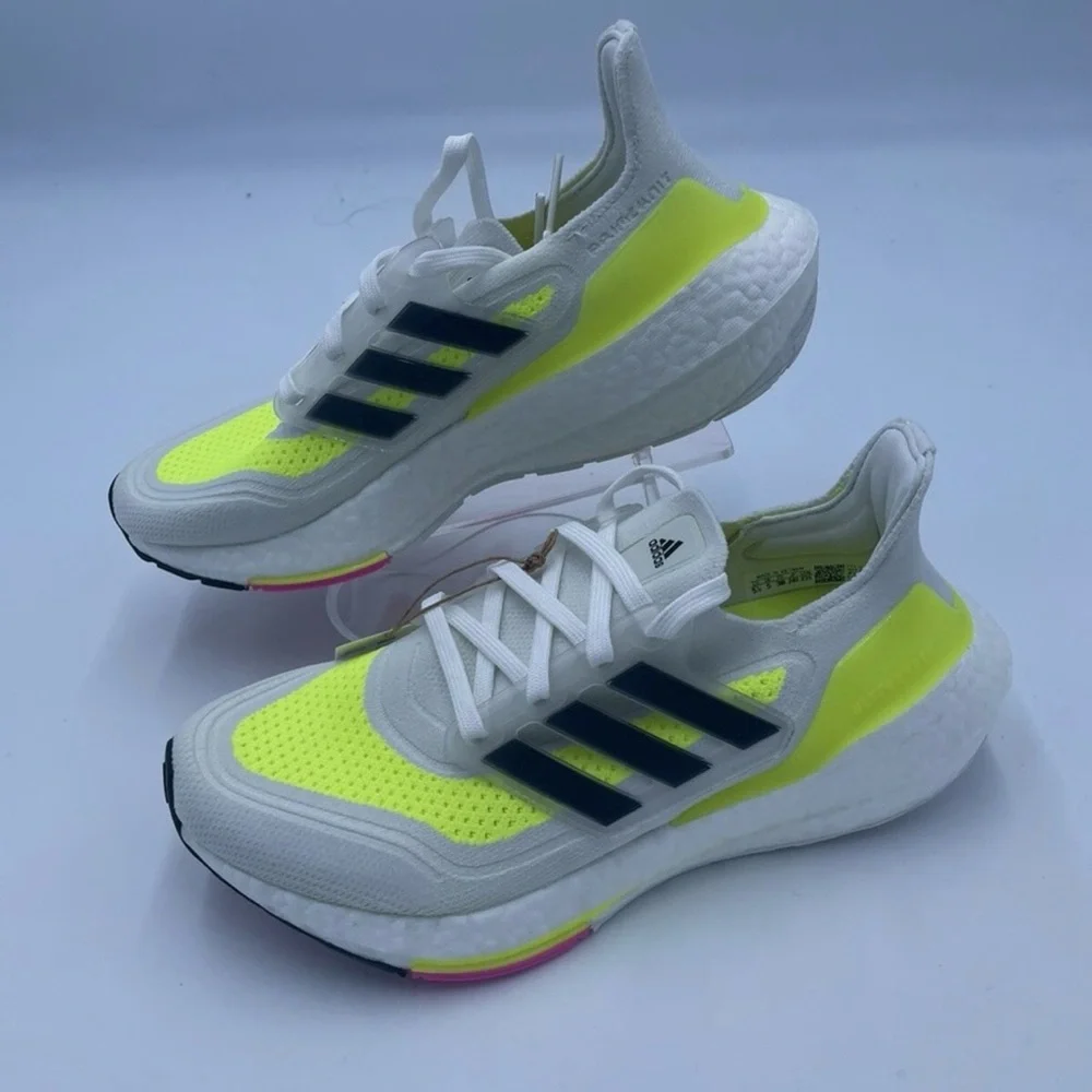 adidas Kids Neon Yellow White Running Sneakers with Black Stripes